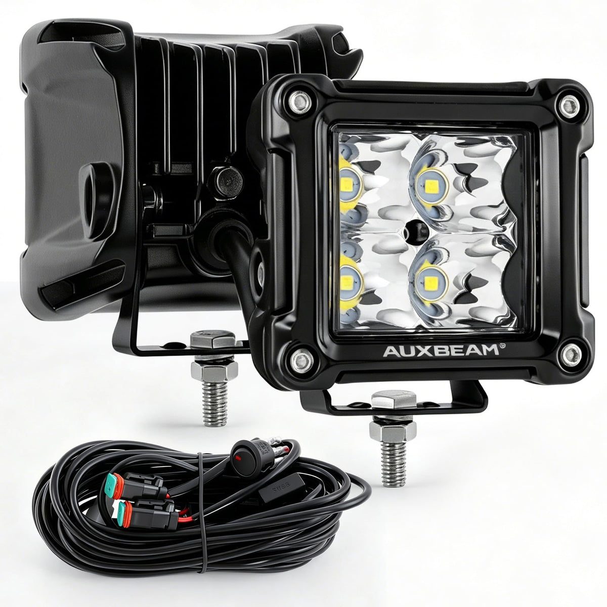 Auxbeam FA Series front view showing beam pattern and durable housing benefit