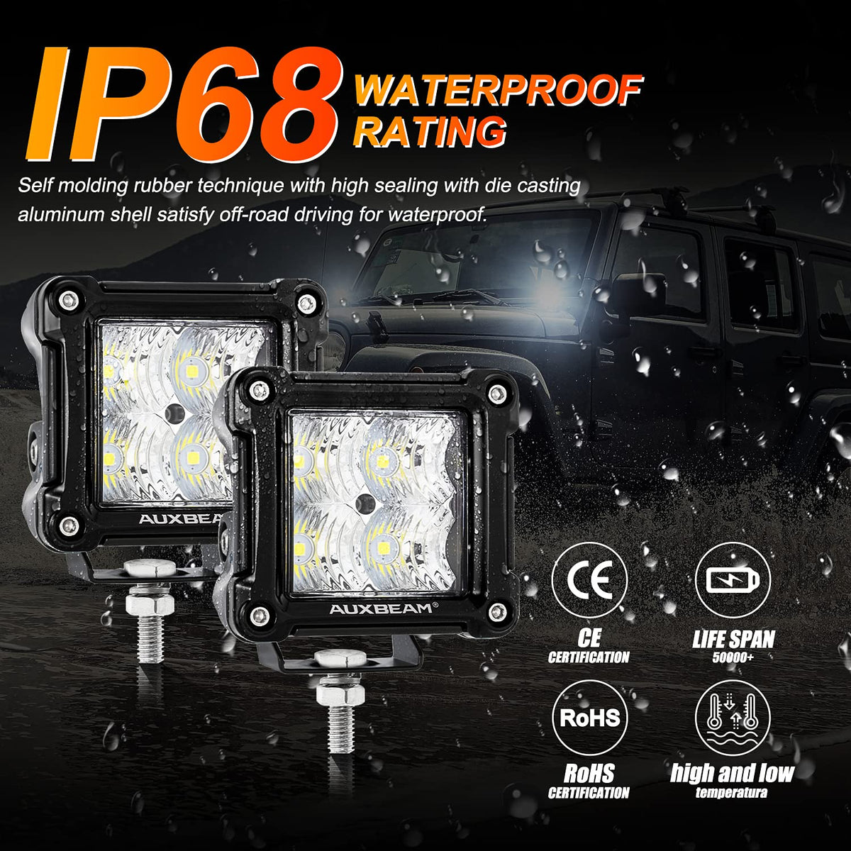 Auxbeam FA Series mounted on a jeep demonstrating broad flood illumination for offroad safety