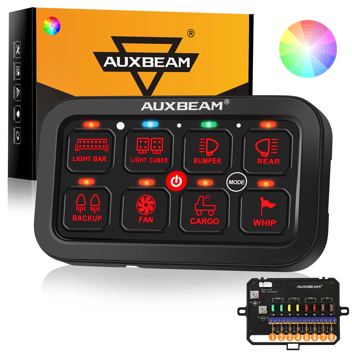 Auxbeam front angled panel showing eight labeled switches for clear control