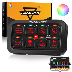 Auxbeam front angled panel showing eight labeled switches for clear control