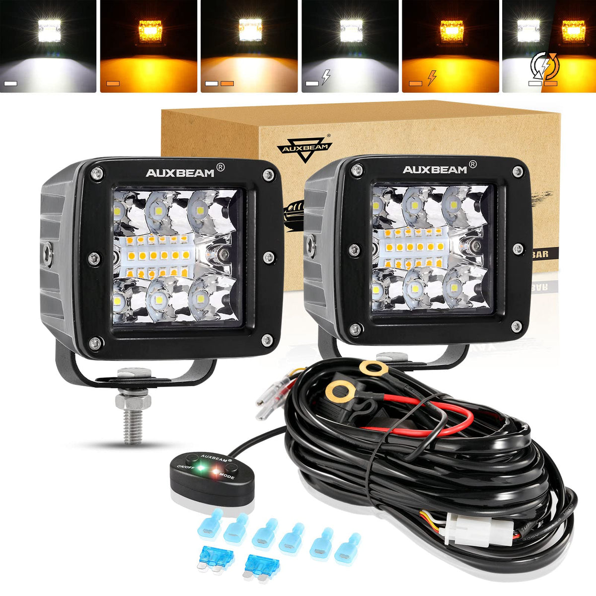 Auxbeam front-facing pod cube shows compact durable design and bright output