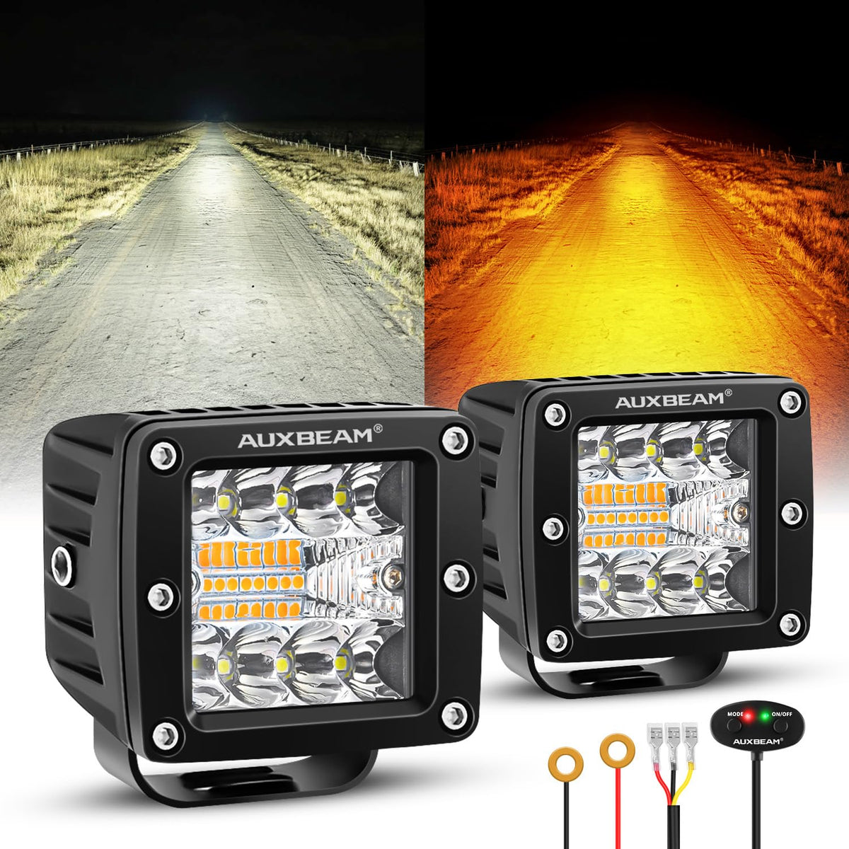 Auxbeam front-facing pod light showing lenses and durable housing for focused beams