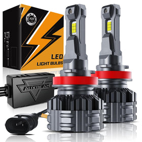 Auxbeam front packaging showing F22 H11 bulbs and benefit of easy upgrade