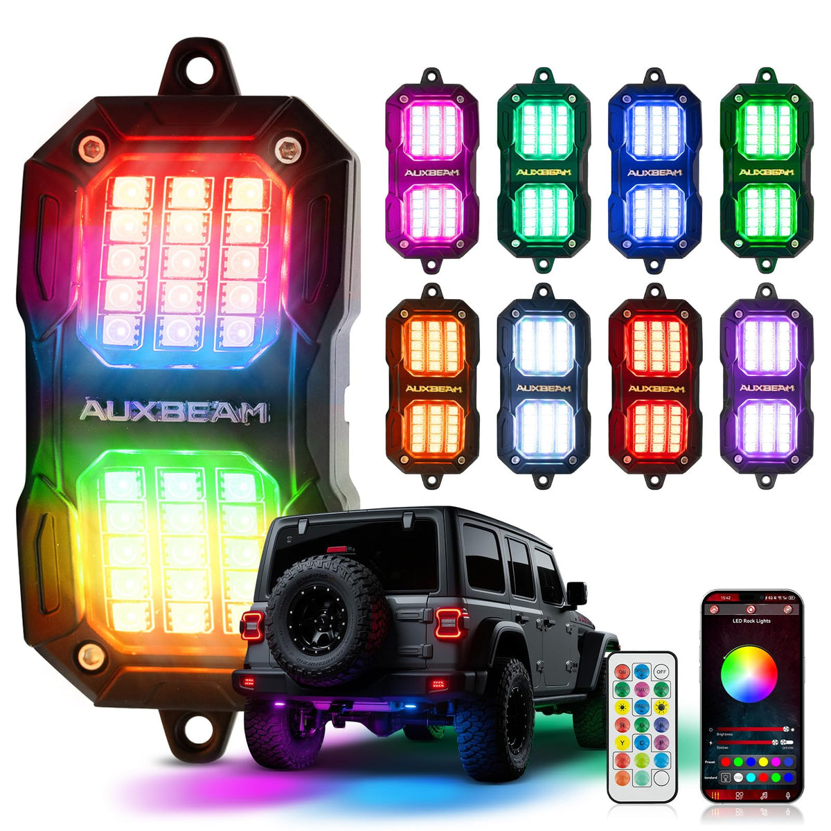 Auxbeam front view of eight rock lights showing full kit benefits