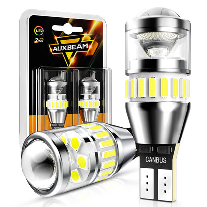 Auxbeam front view of bulb and packaging showing ready-to-install benefits