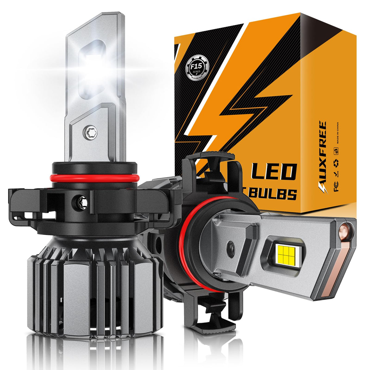 Auxbeam front view showing fog light unit and branding, highlighting bright upgrade