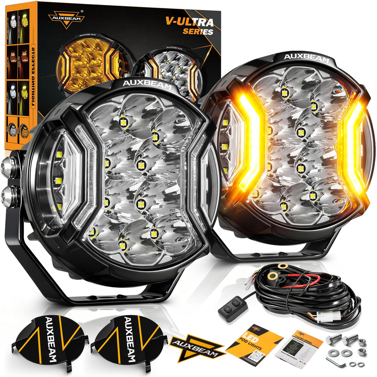 Auxbeam front view pair showing bright round driving lights and improved visibility