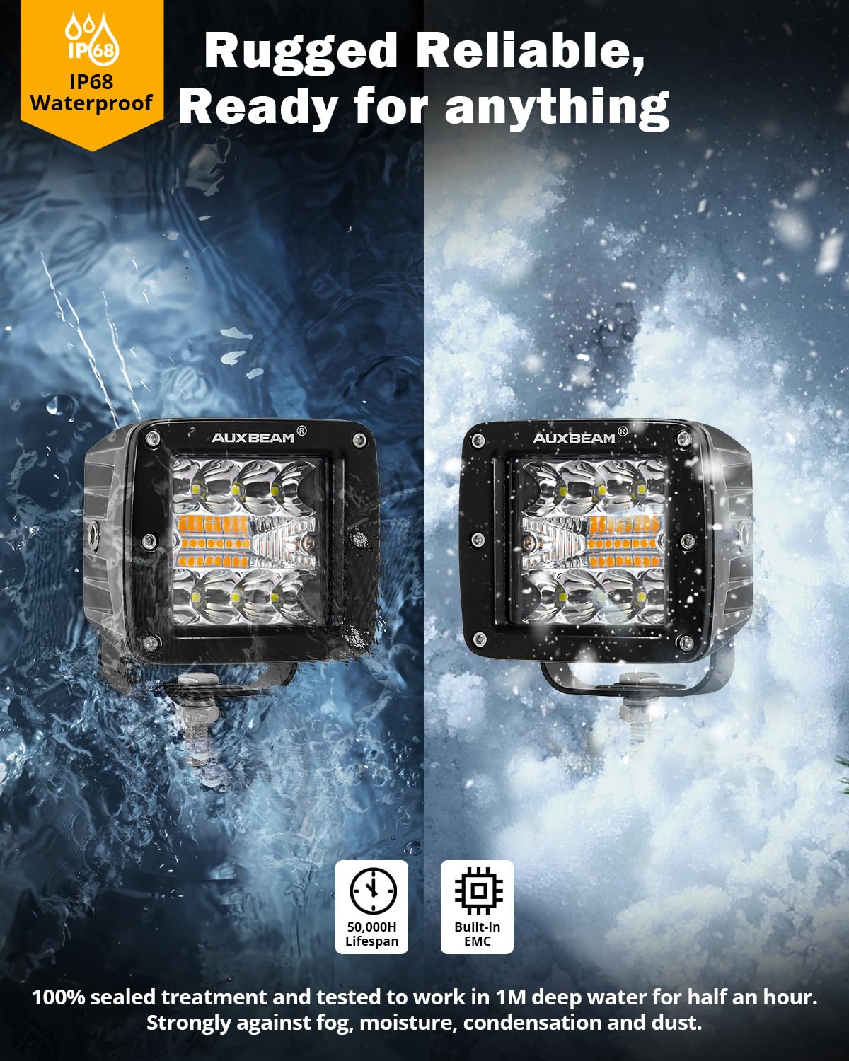 Auxbeam pod light mounted on Jeep bumper demonstrating improved night visibility