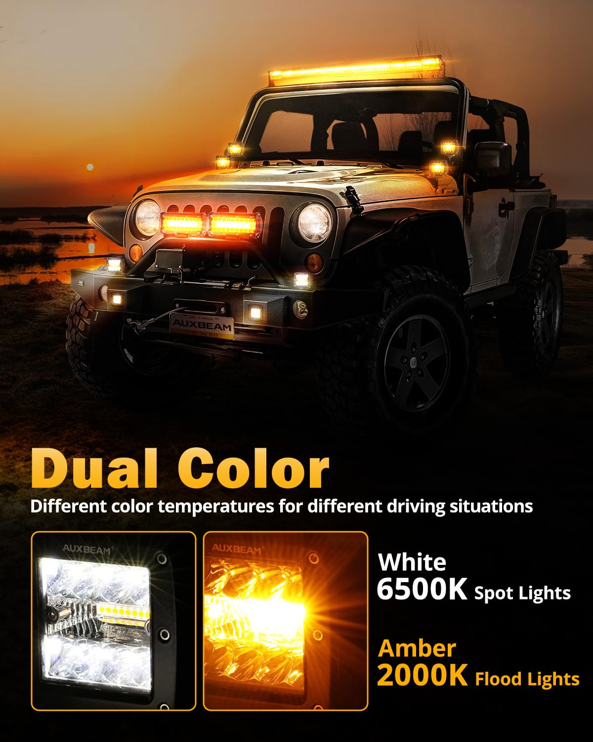 Auxbeam pods on roof rack at night showing broad amber flood coverage for safety