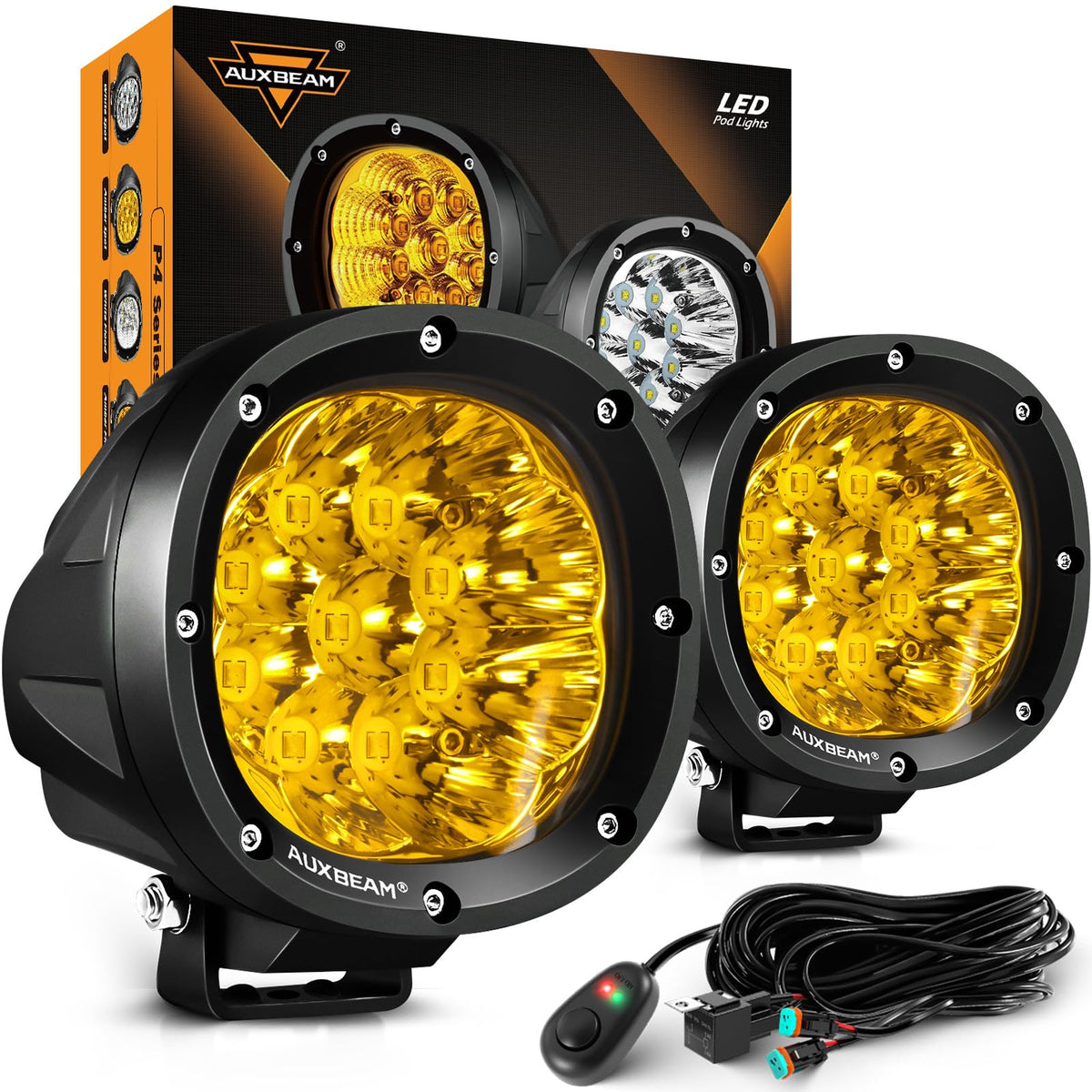 Auxbeam P4 front view showing compact round pod and durable housing benefit improved lasting performance