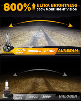 Auxbeam Q40 beam pattern at night showing clear cut-off and wide road coverage