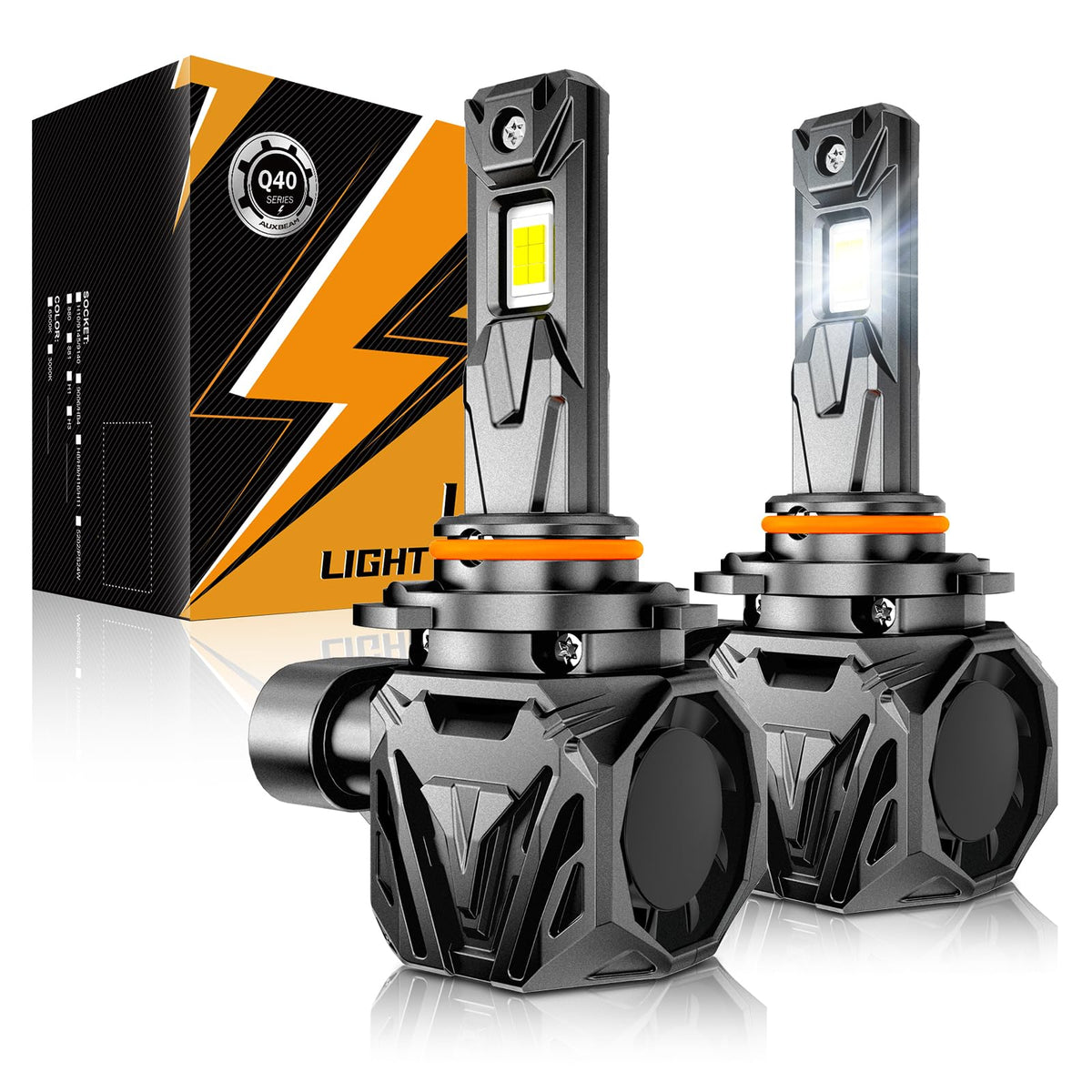 Auxbeam Q40 front view showing compact metal housing and bright lens for improved visibility