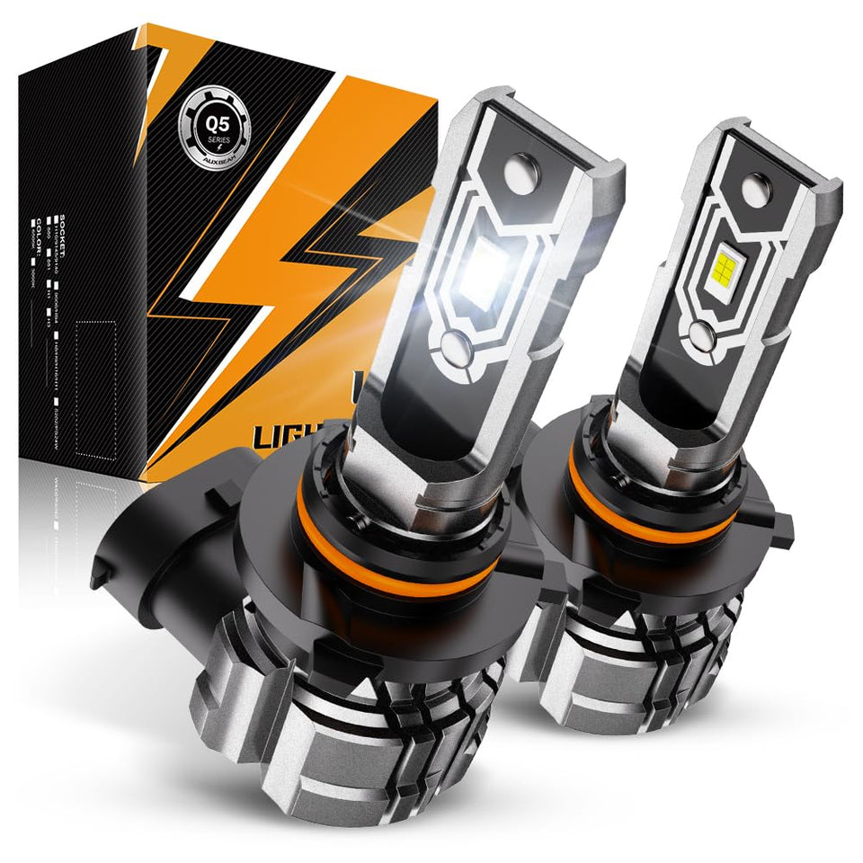 Auxbeam Q5 front view showing compact housing and bright lens for improved visibility