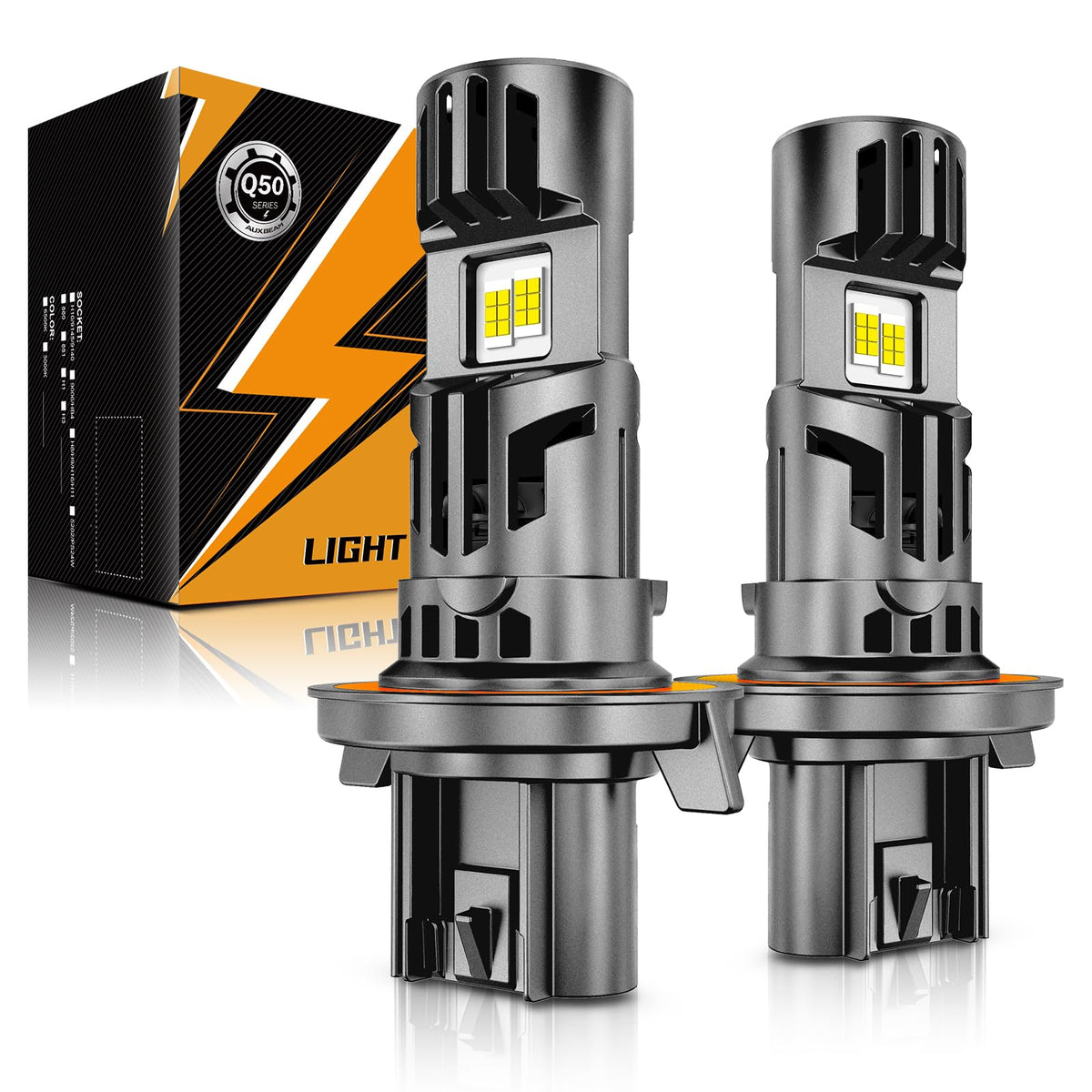Auxbeam Q50 front view showing lens and housing for strong nighttime visibility