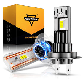 Auxbeam Q50 front view showing lamp face and focused beam benefit
