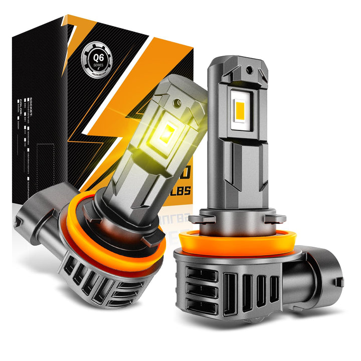 Auxbeam Q6 front view showcasing yellow fog lens and durable housing benefit visibility