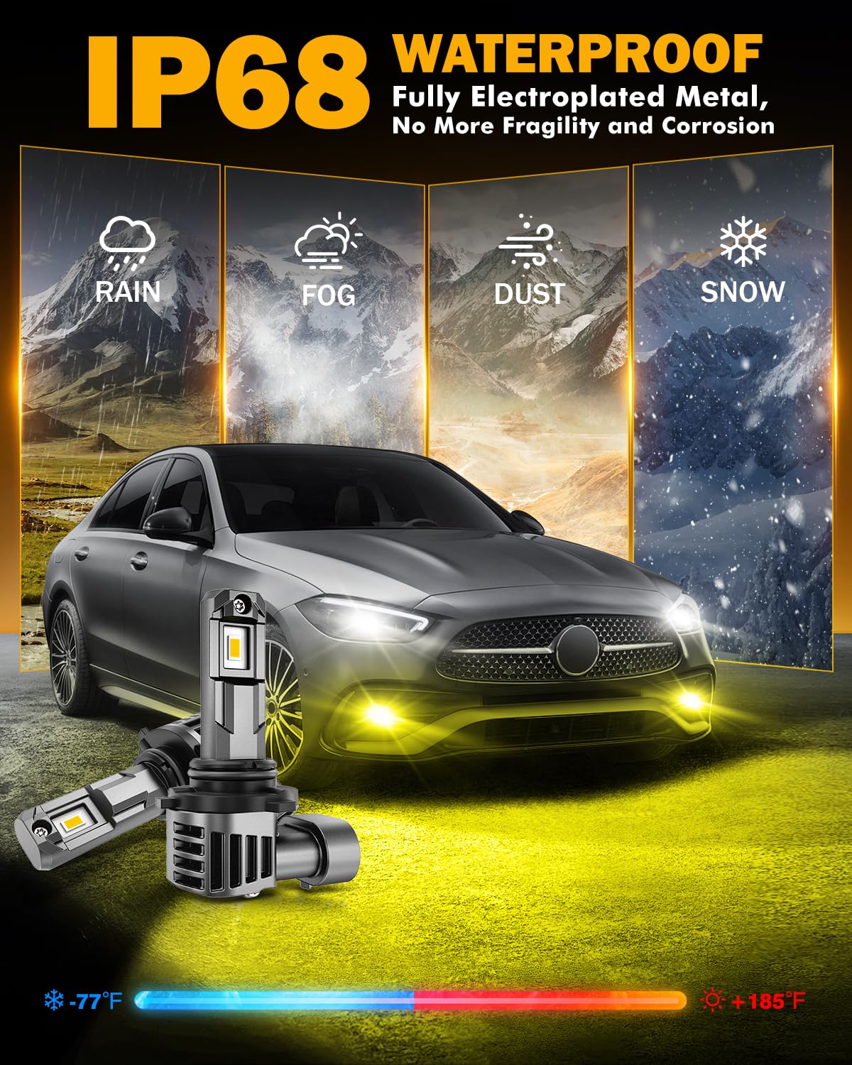 Auxbeam fog lights on vehicle in offroad night setting improving visibility