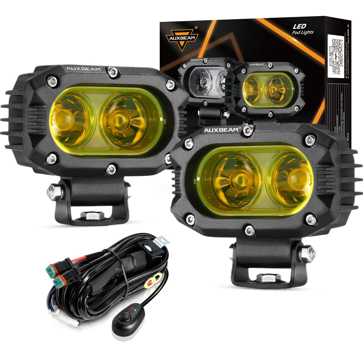 Auxbeam R4 front view amber pod showing lens and improved visibility