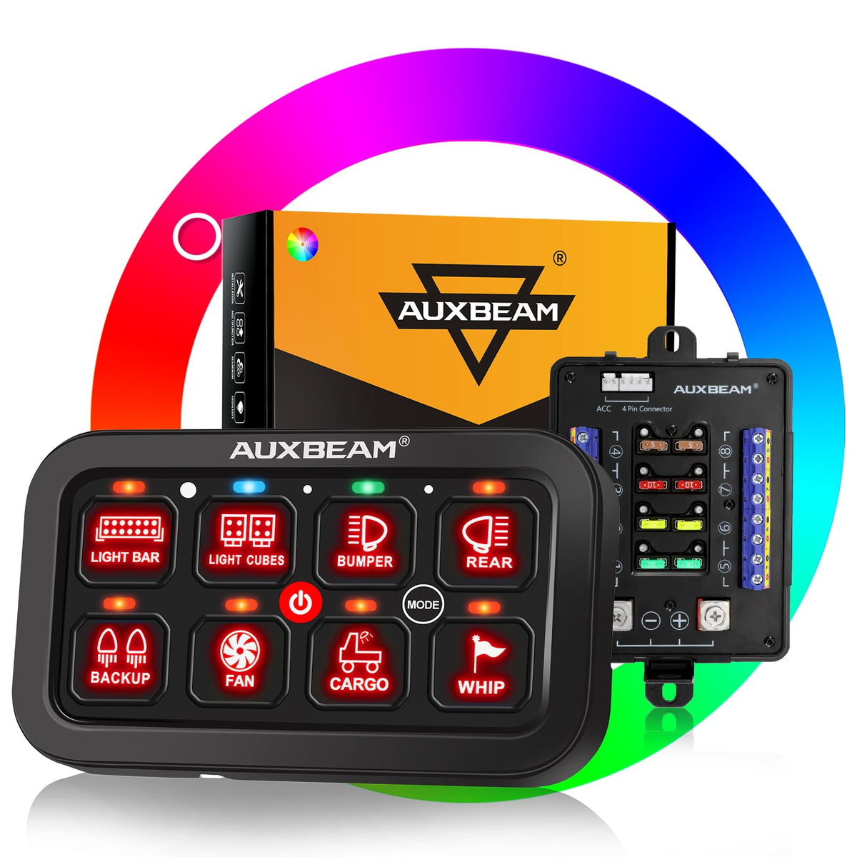 Auxbeam RB80 front panel showing eight labeled switches and clean layout benefit