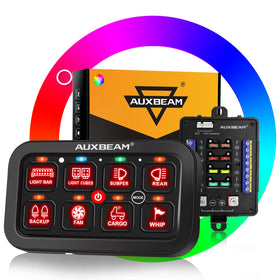 Auxbeam RB80 front panel showing eight labeled switches and clean layout benefit