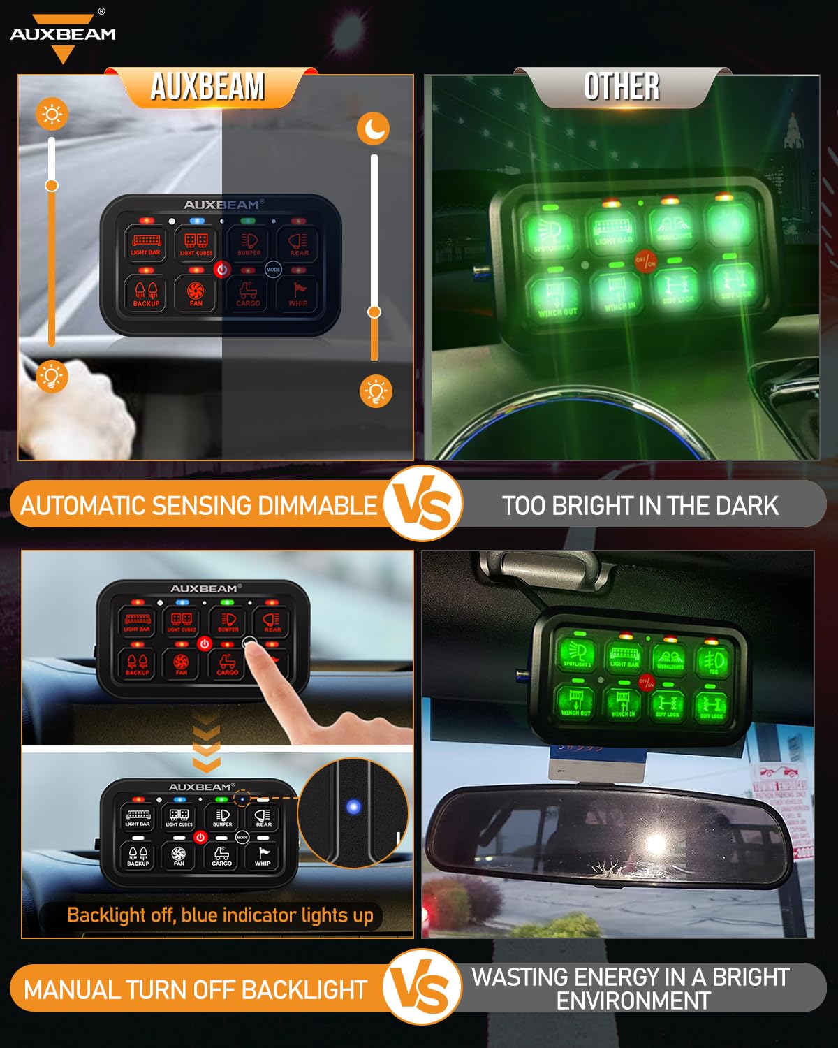 Auxbeam RGB lit night view demonstrating customizable cabin lighting ambiance