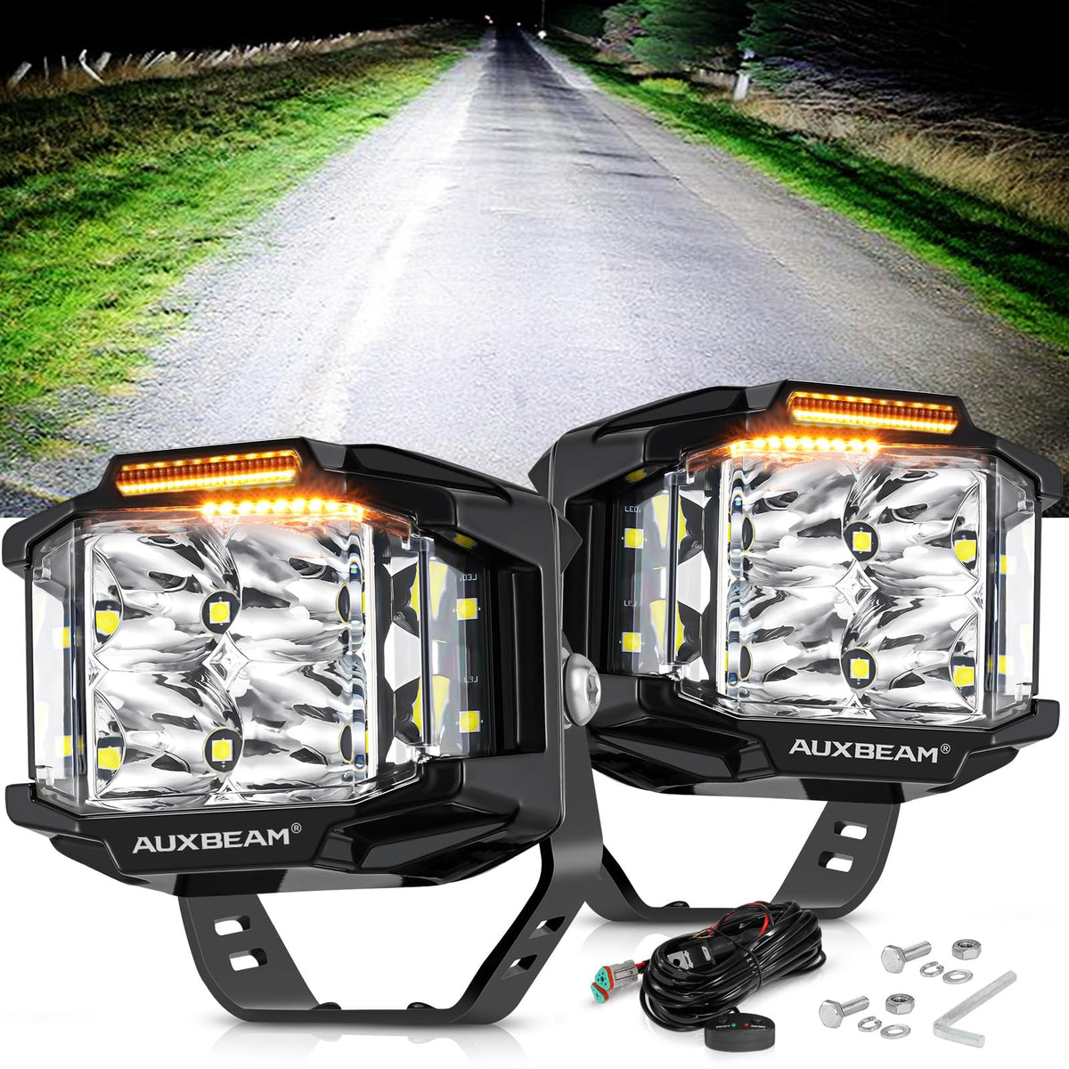 Auxbeam side shooter closeup highlighting 270° flood for wider peripheral lighting