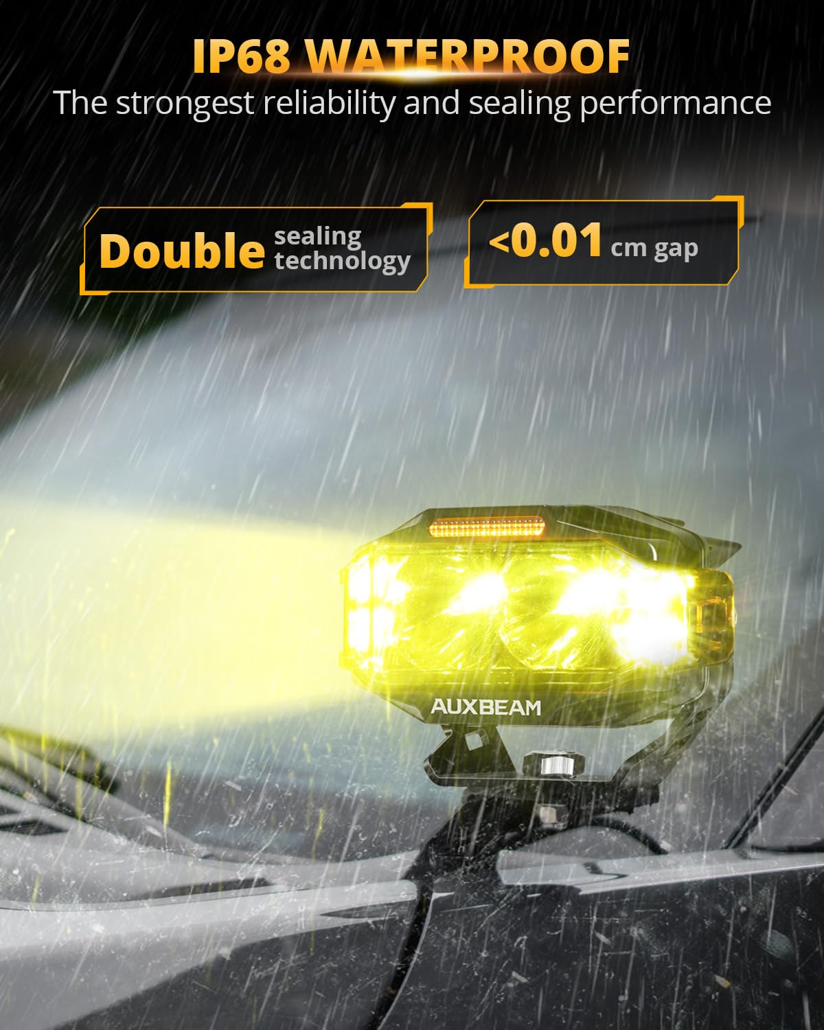 Auxbeam V-MAX amber cover detail showing color mode option for foggy conditions