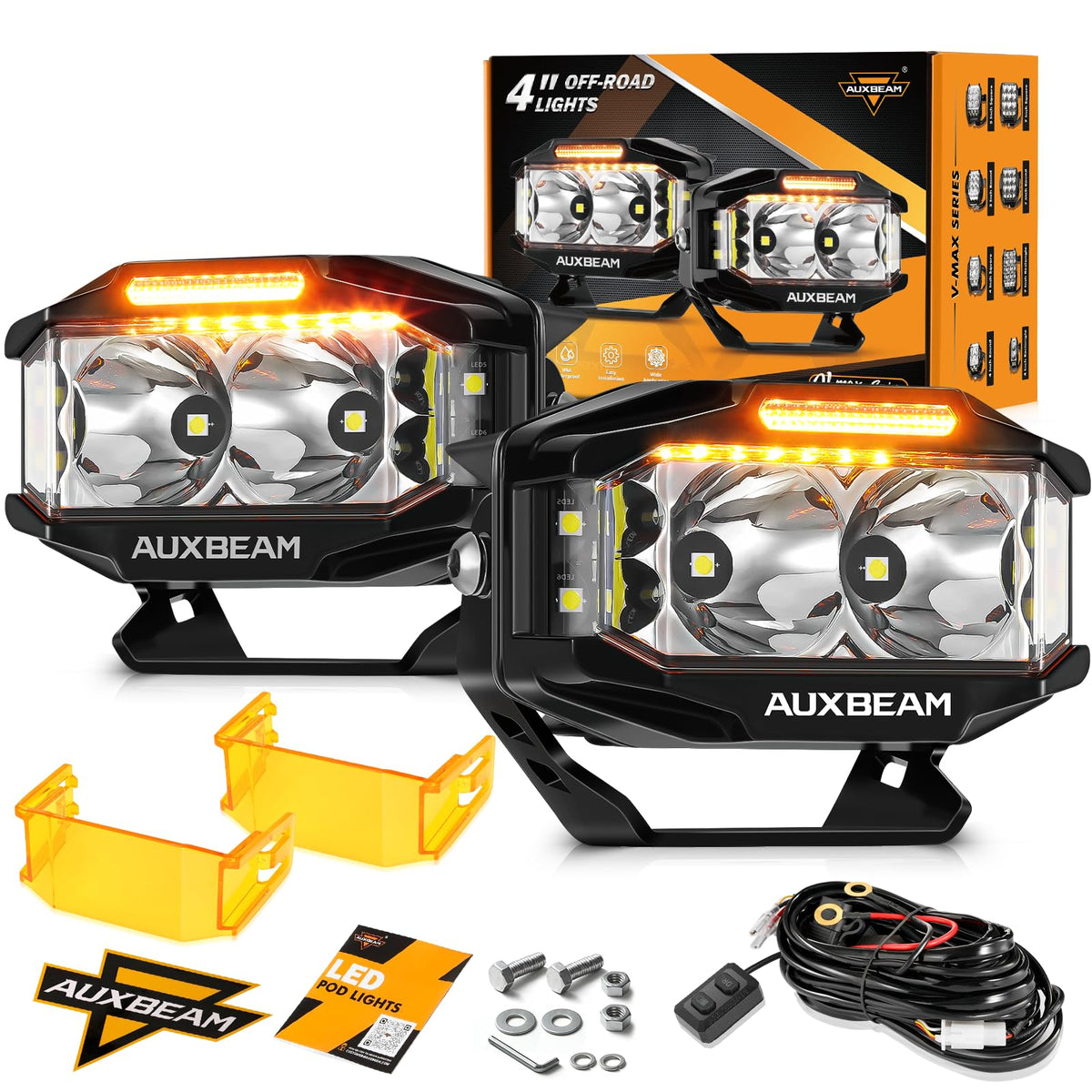 Auxbeam V-MAX front view showing compact cube and lens, illustrates powerful output