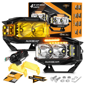 Auxbeam front view of pod light showing bright white beam for long-range visibility