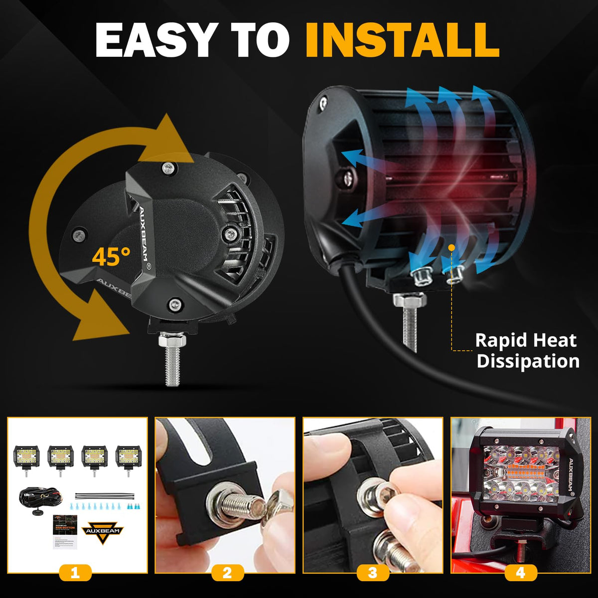 Auxbeam wiring harness and hardware kit laid out, simplifies installation benefit