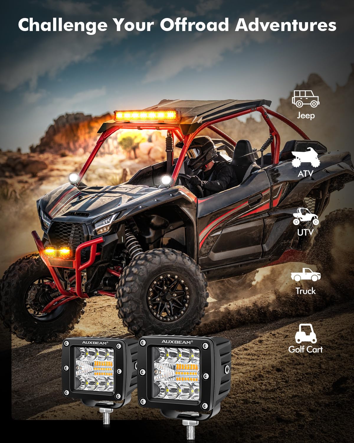 Auxbeam wiring harness and mounting kit displayed for easy plug-and-play installation
