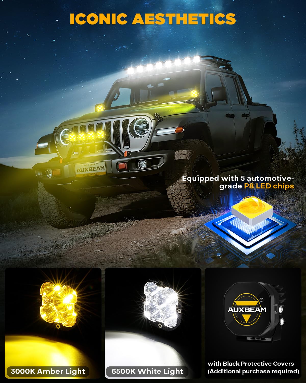 Auxbeam amber cover detail showing fog-penetrating light option for low visibility
