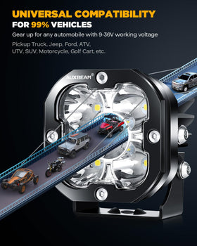 Auxbeam pods lighting a dark road demonstrating long-range visibility