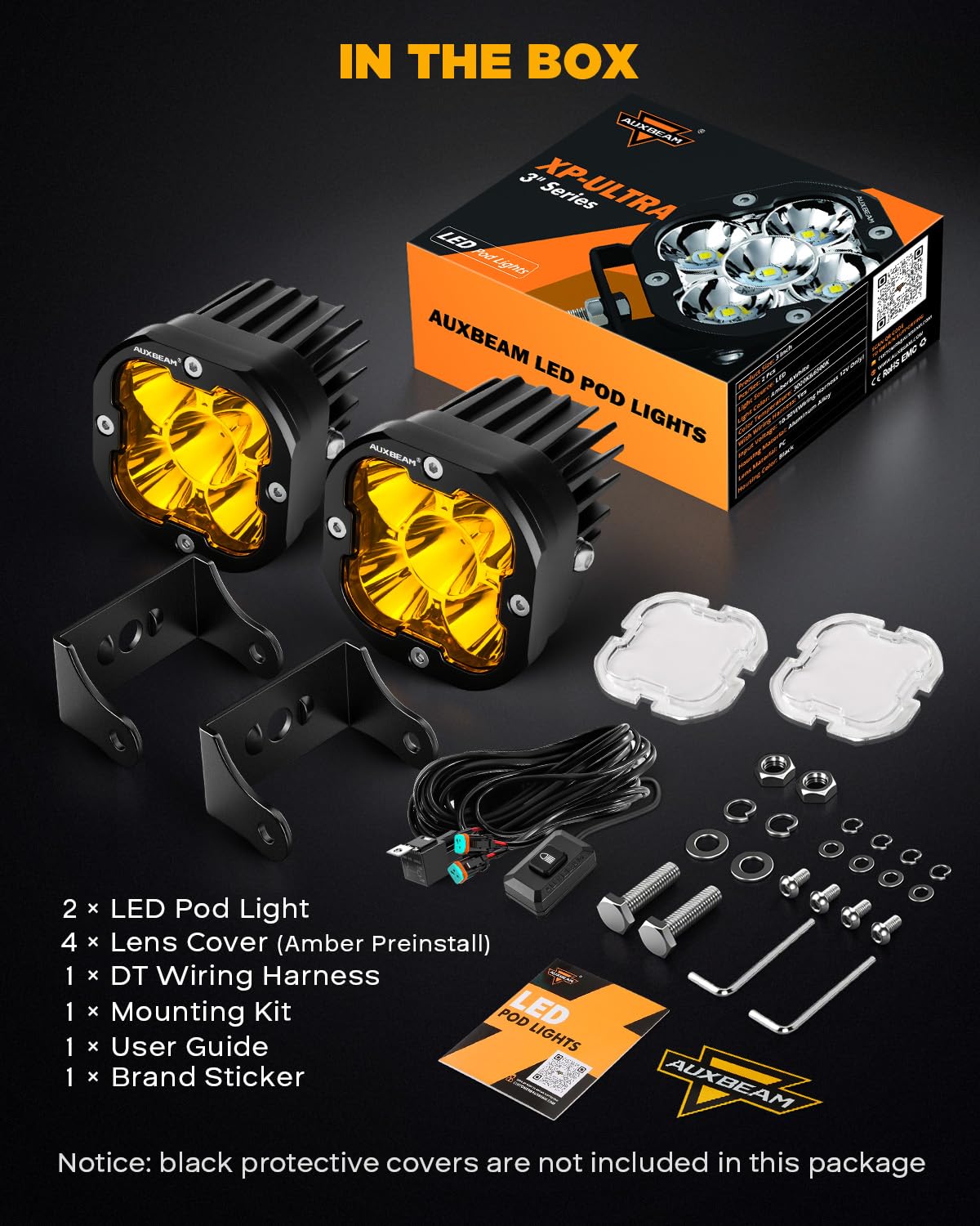 Auxbeam DT wiring harness and accessories laid out for quick plug-and-play setup