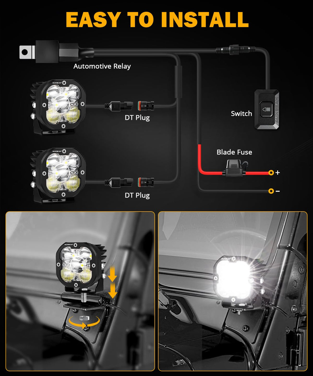 Auxbeam wiring harness and accessories kit for fast plug-and-play installation