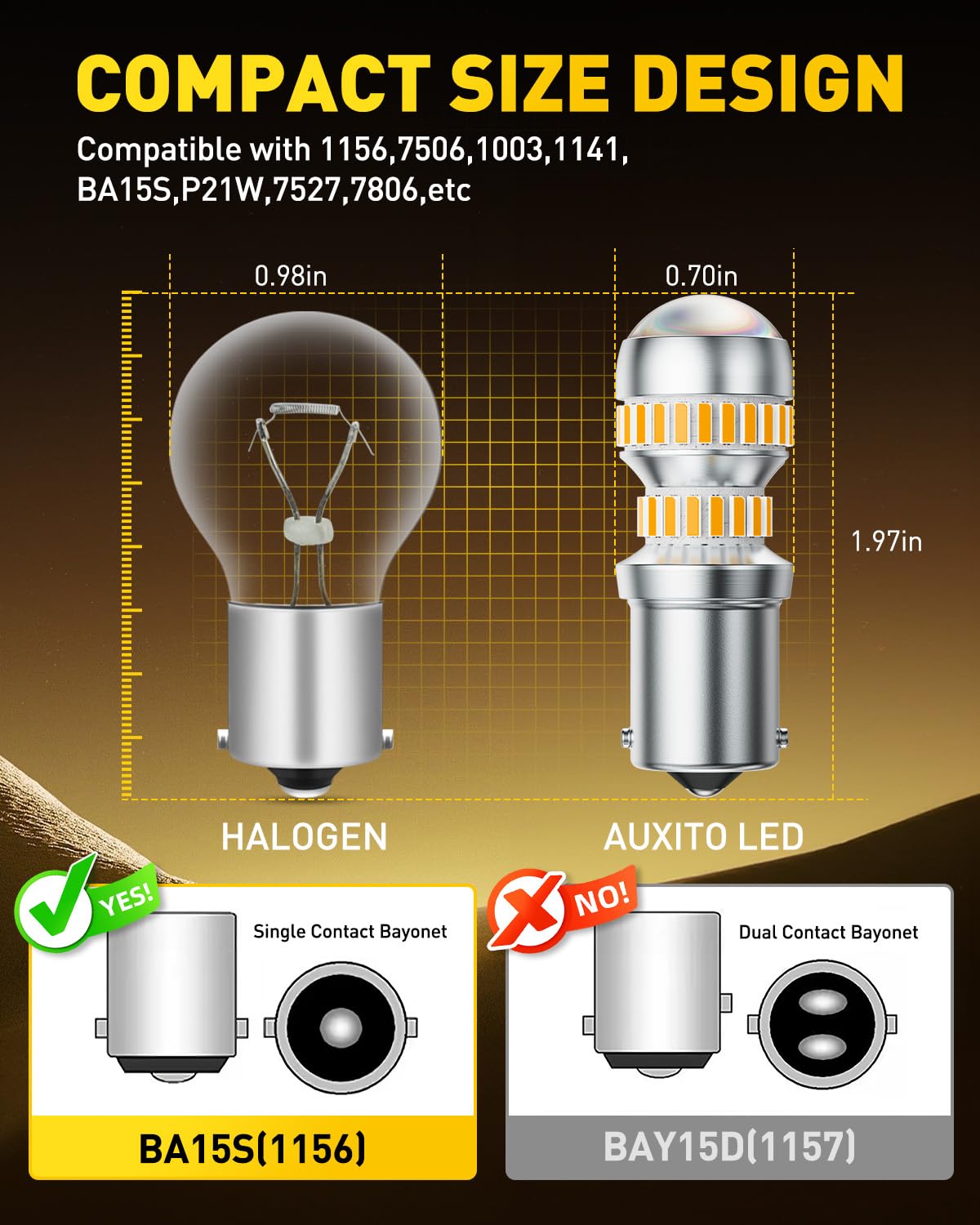AUXITO 1156 amber electroplated housing close detail for better heat dissipation benefit