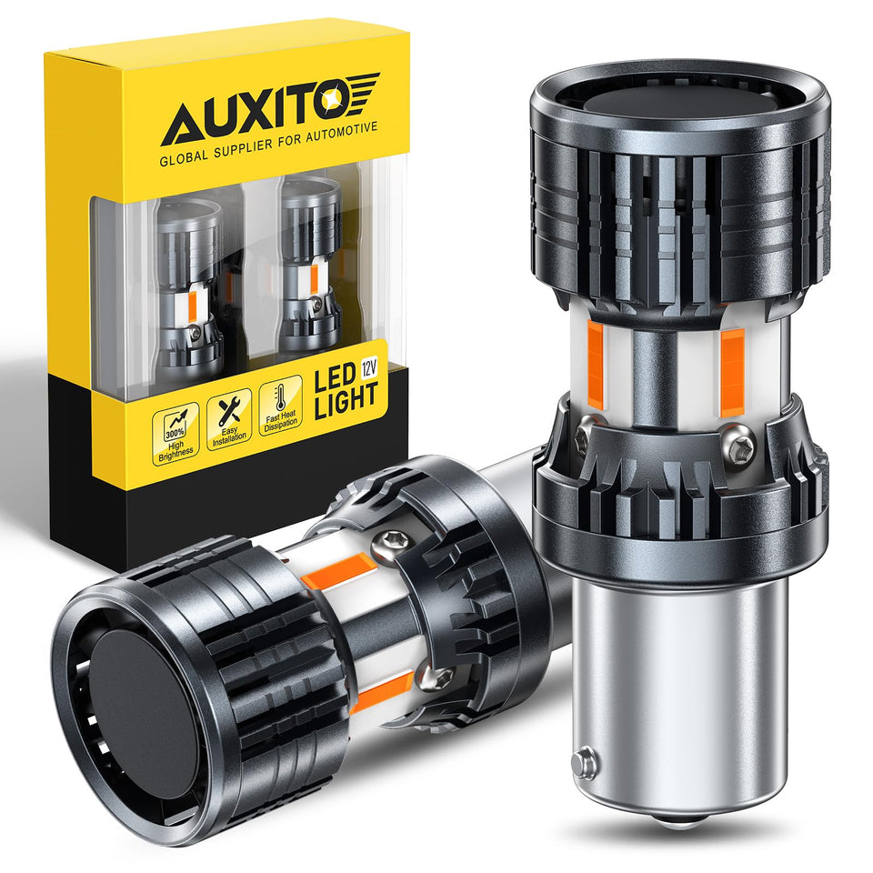 AUXITO 1156 amber bulb front view showing bright LED array and clear signaling benefit