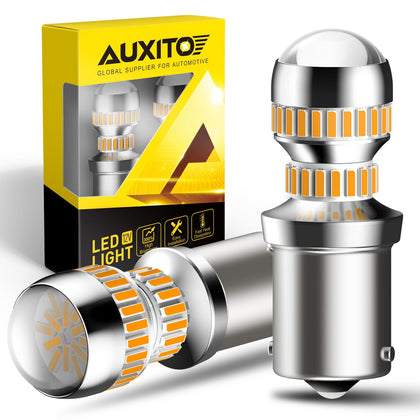AUXITO 1156 amber bulb front view showing bright amber output and improved visibility