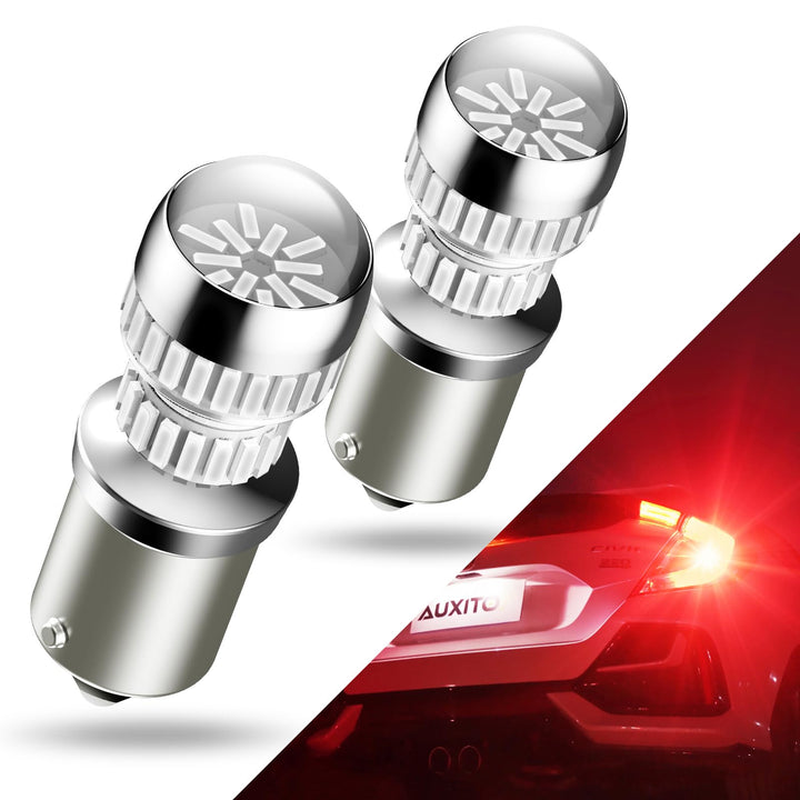 AUXITO 1156 red bulb front view showing bright red output and fit