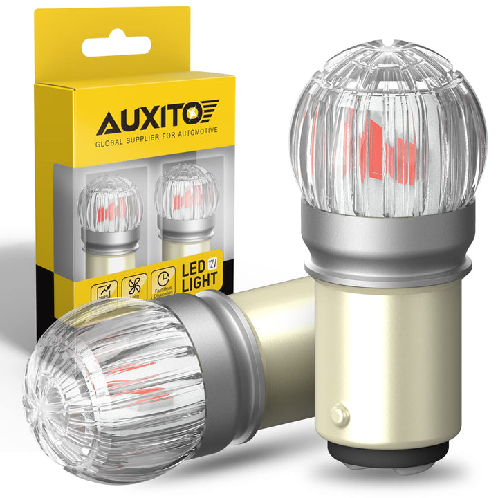AUXITO front packaging showing two 1157 red LED bulbs and benefits of brightness