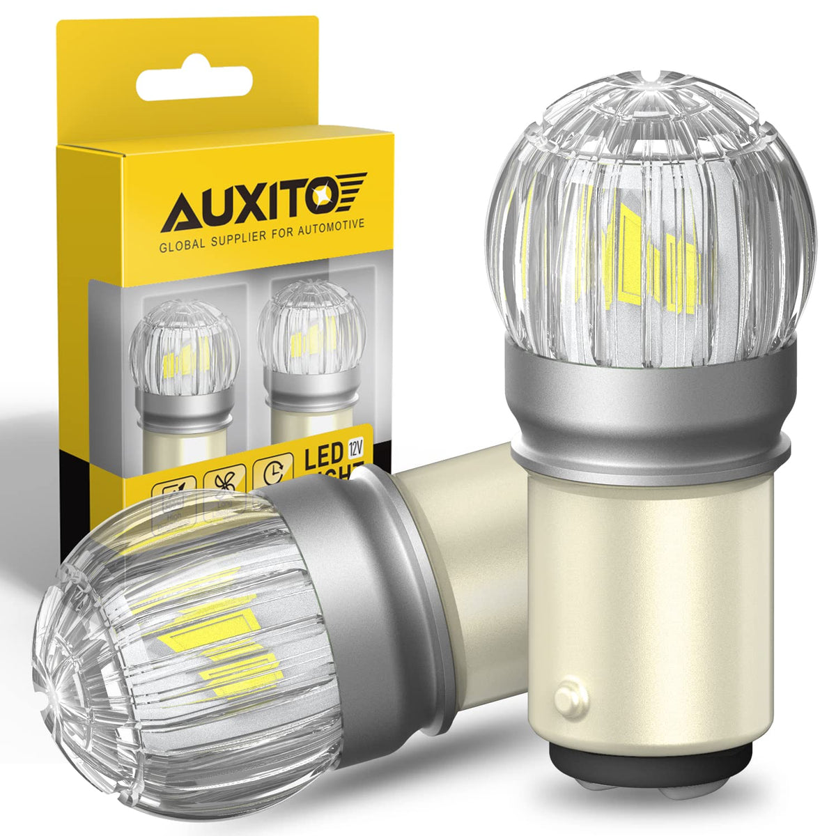 AUXITO front view pack of 2 white 1157 LEDs showing clean fit and brightness