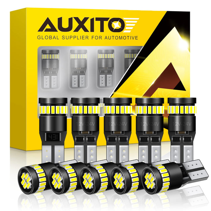 AUXITO front view of 194 LED pack showing product and benefits