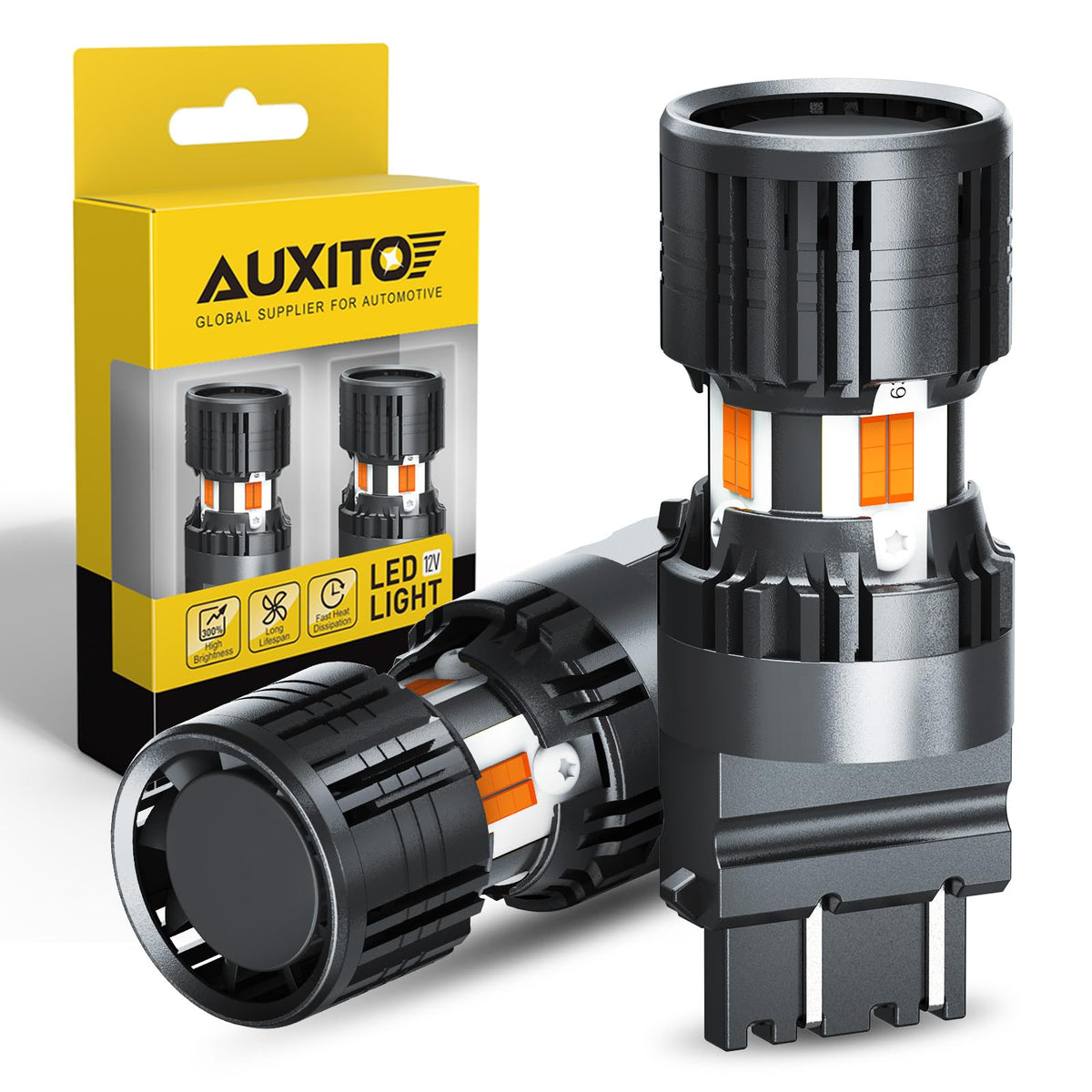 AUXITO front packaging showing amber 3157 bulbs and benefits