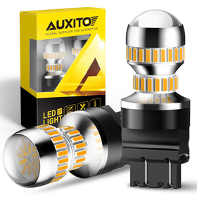 AUXITO 3157 front packaging showing two amber LED bulbs and pack benefit