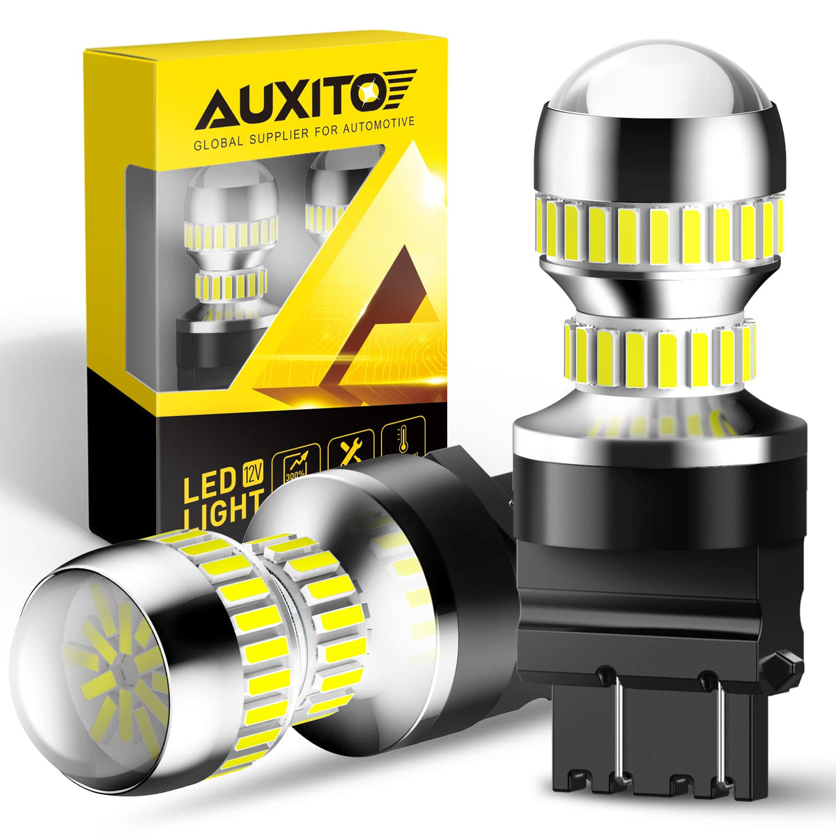 AUXITO 3157 front packaging showing pack of two and bright white benefit