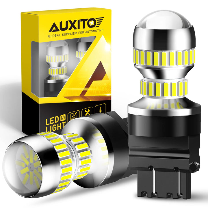 AUXITO 3157 front packaging showing pack of two and bright white benefit