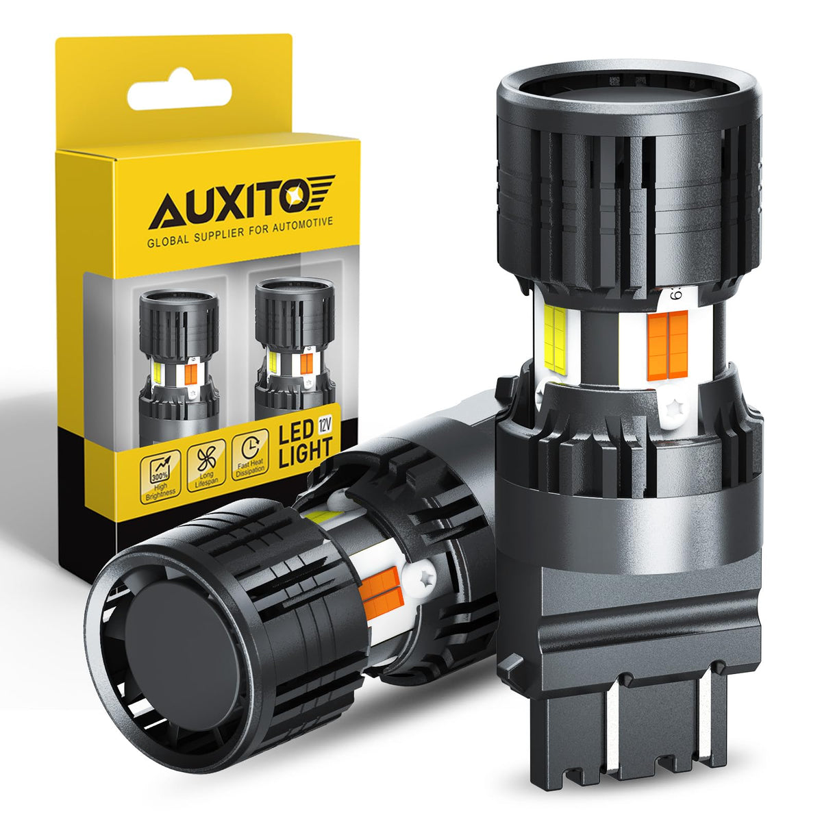 AUXITO 3157 front view showing bulb design and bright output benefit