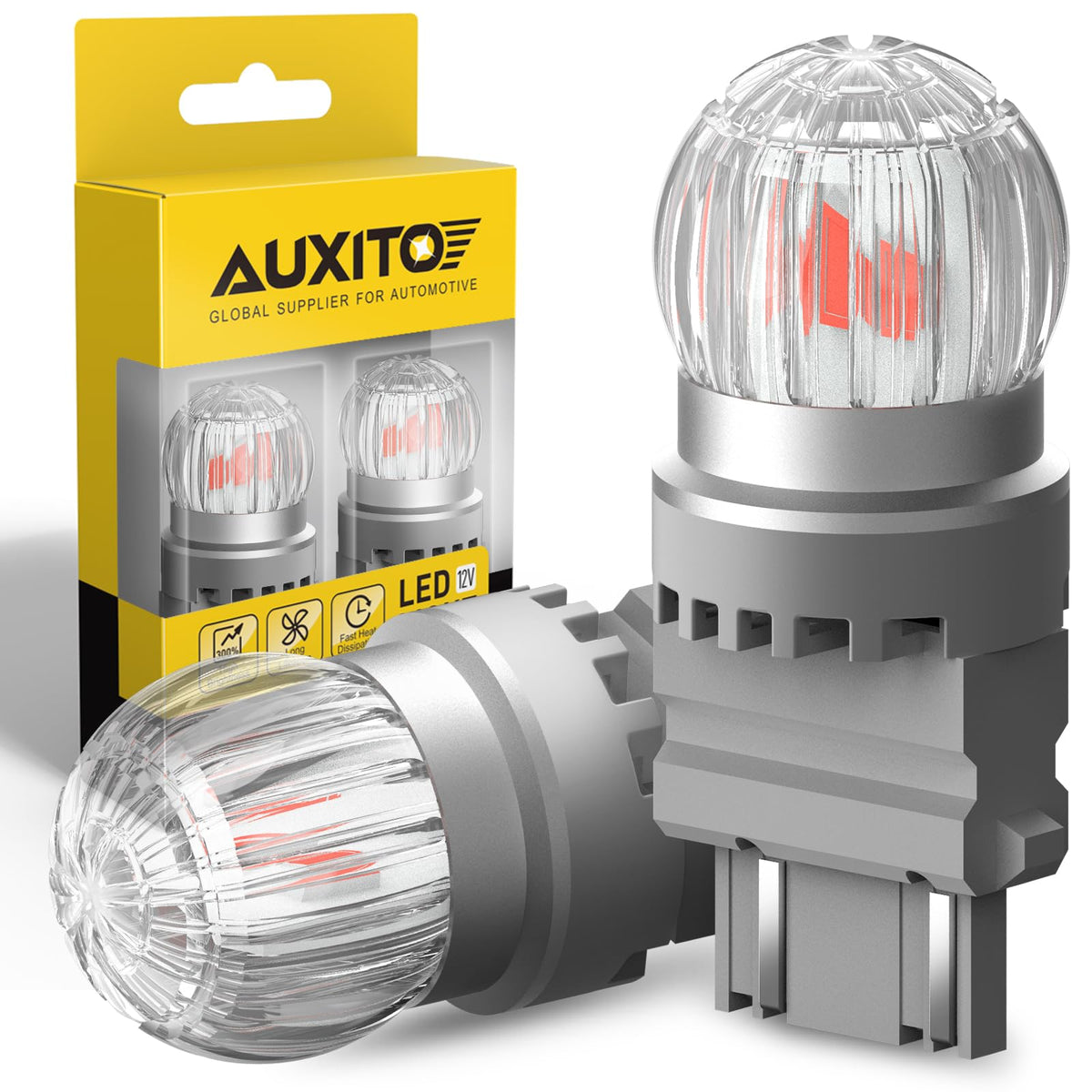 AUXITO 3157 front view showing bright red LED face and correct fit