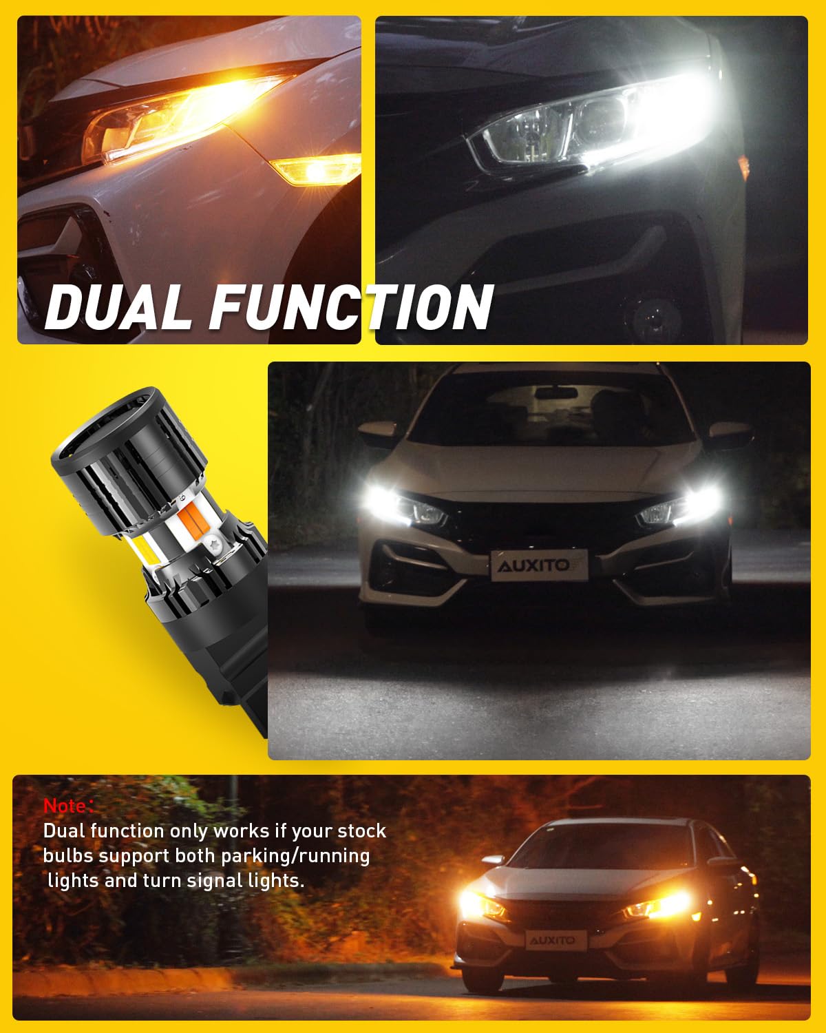 AUXITO bulb in vehicle turn signal showing clear amber visibility benefit
