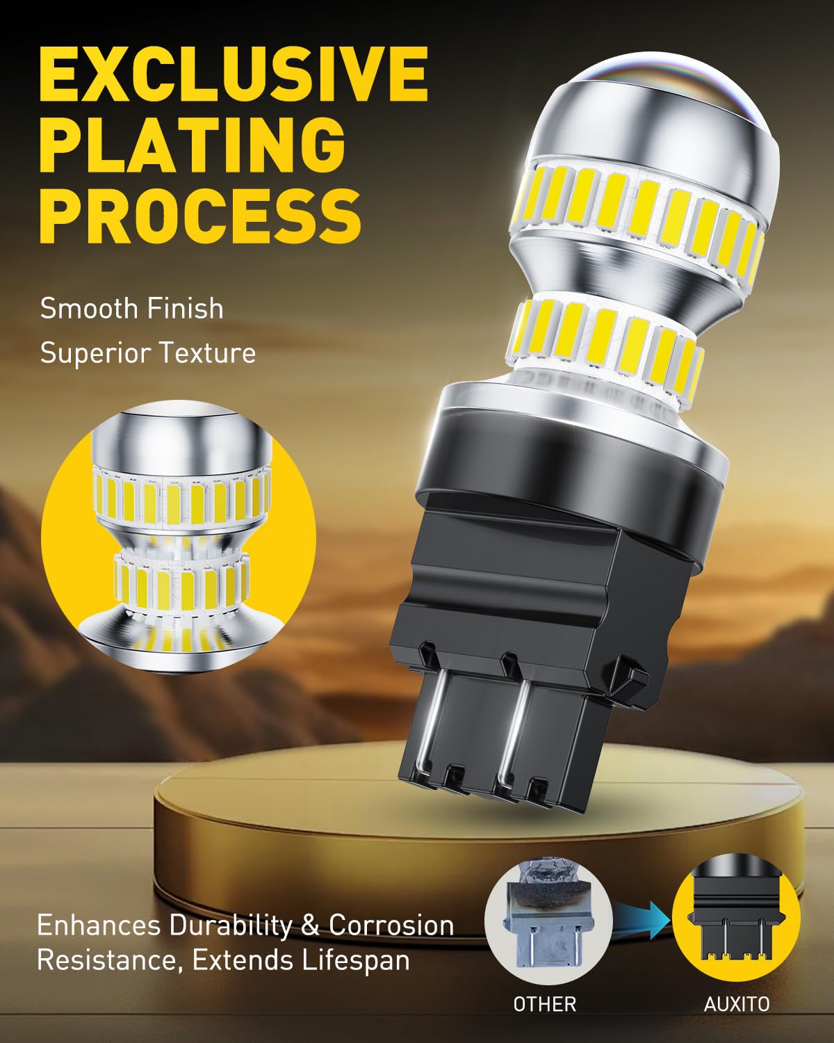AUXITO 3157 beside halogen bulb showing size comparison and efficiency